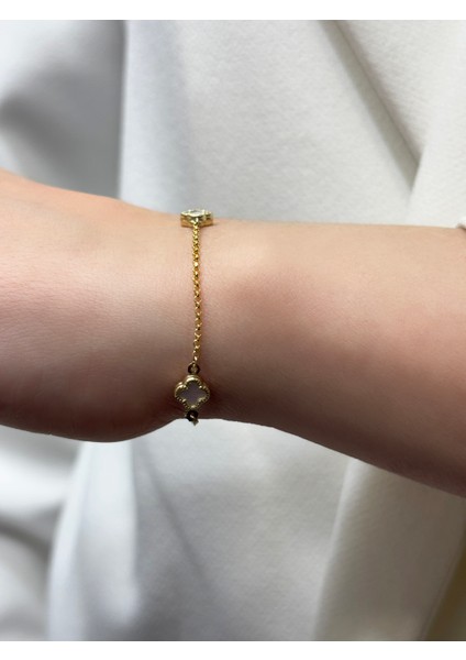 14 Ayar Altın Taşlı Mini Yonca Bileklik