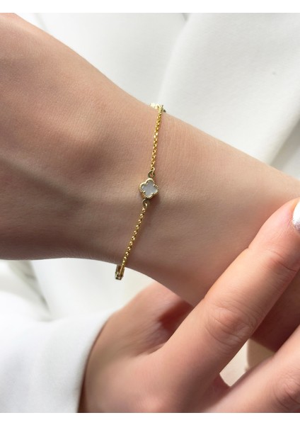 14 Ayar Altın Taşlı Mini Yonca Bileklik modelleri