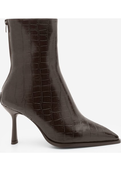 Kadın Topuklu Bot Sivri Burun Kadeh Ökçe Arkadan Fermuarlı Günlük Klasik Bot Monos Kahve Croco modelleri