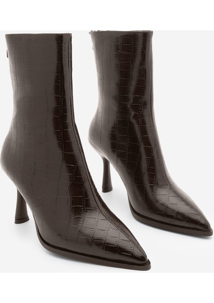 Kadın Topuklu Bot Sivri Burun Kadeh Ökçe Arkadan Fermuarlı Günlük Klasik Bot Monos Kahve Croco indirimleri