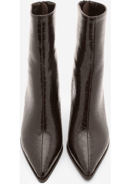 Kadın Topuklu Bot Sivri Burun Kadeh Ökçe Arkadan Fermuarlı Günlük Klasik Bot Monos Kahve Croco