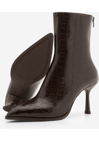 Kadın Topuklu Bot Sivri Burun Kadeh Ökçe Arkadan Fermuarlı Günlük Klasik Bot Monos Kahve Croco