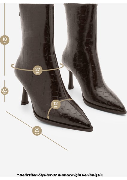 Kadın Topuklu Bot Sivri Burun Kadeh Ökçe Arkadan Fermuarlı Günlük Klasik Bot Monos Kahve Croco