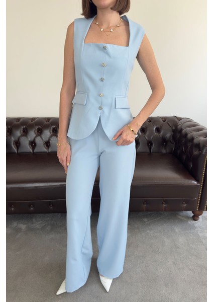 Inci Taş Düğmeli Itahal Premium Takım- Mavi