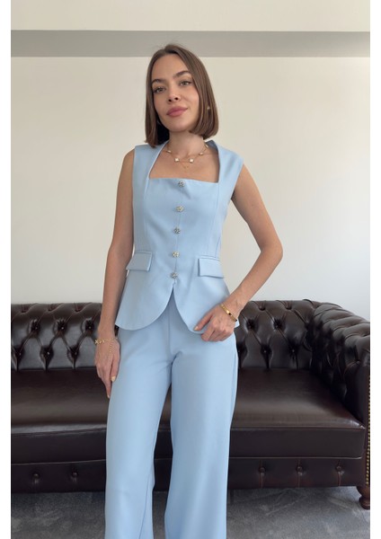 Inci Taş Düğmeli Itahal Premium Takım- Mavi
