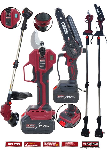 Profesyonel 4'lü Set Şarjlı Dijital Makas Uzatma Kolu Yağlamalı Budama Şarjlı Tırpan DFL-255