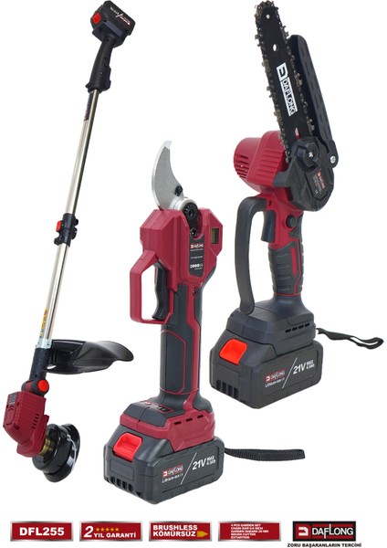 Profesyonel 4'lü Set Şarjlı Dijital Makas Uzatma Kolu Yağlamalı Budama Şarjlı Tırpan DFL-255 modelleri