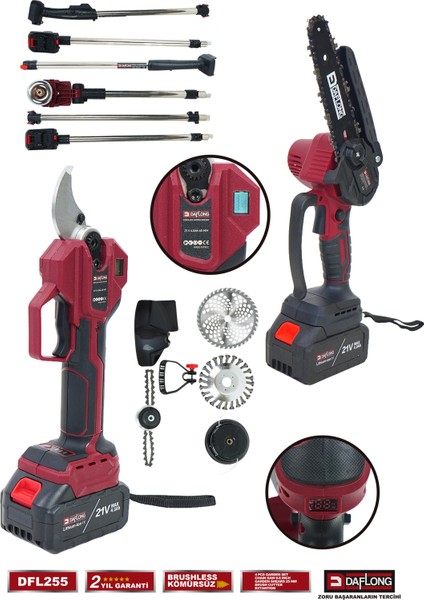 Profesyonel 4'lü Set Şarjlı Dijital Makas Uzatma Kolu Yağlamalı Budama Şarjlı Tırpan DFL-255 fırsatları