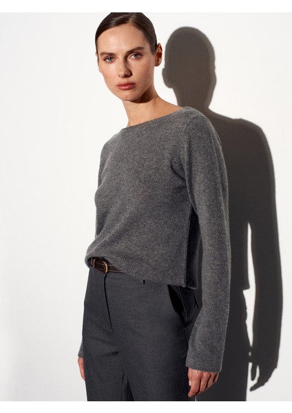 %100 Kaşmir Kayık Yaka Kazak-Füme M. fırsatları