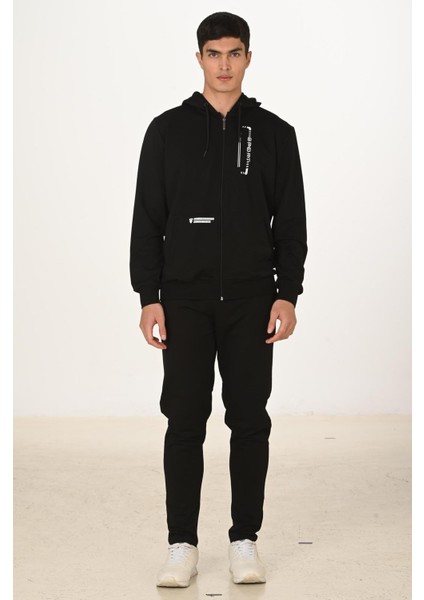 Erkek Pamuklu Kapüşonlu Eşofman Takımı Siyah 5286-S