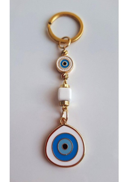 Lüks Yeni Yıl Hediyesi Büyük Nazar Boncuklu Beyaz Anahtarlık