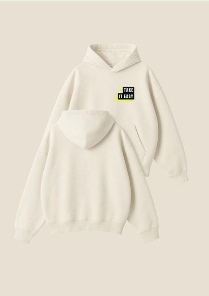 Take It Easy Baskılı Unisex Boxy Fit Hoodie Sweatshirt