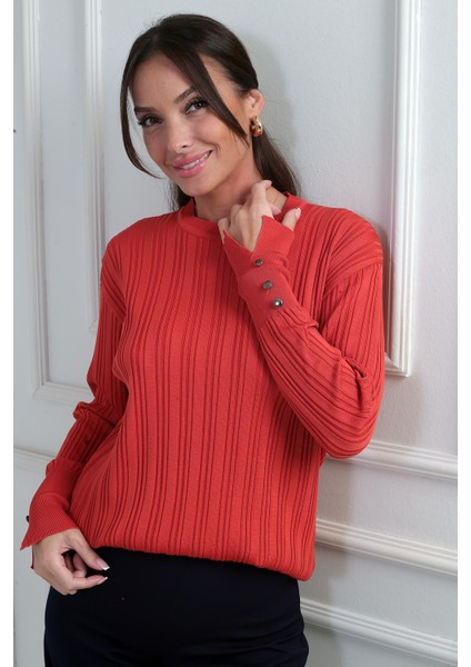 Kadın Kolları Düğmeli Fitilli Triko Bluz