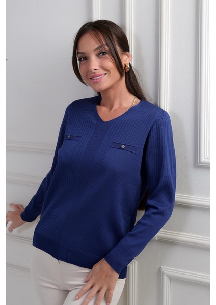 Kadın V Yaka Taş Baskı Detaylı Fitilli Triko Bluz