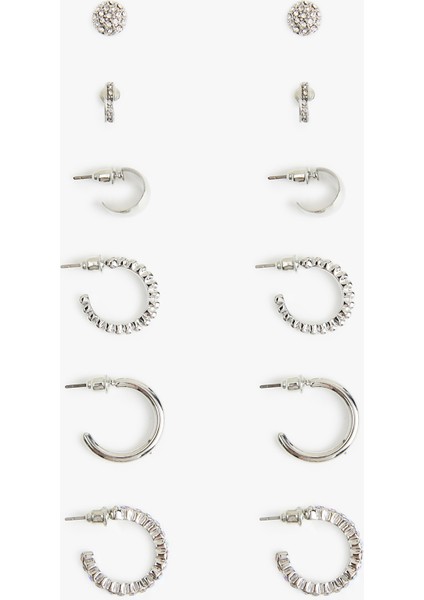 Çelik Karışımlı Taş Detaylı 6'lı Top ve Halka Küpe Seti