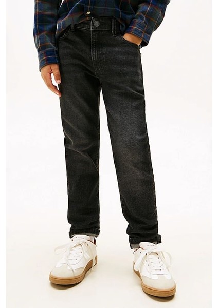 Erkek Çocuk Düz Paça Eskitme Görünümlü Jean Pantolon - Siyah