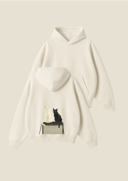 Siyah Beyaz Kedi Baskılı Unisex Boxy Fit Hoodie Sweatshirt