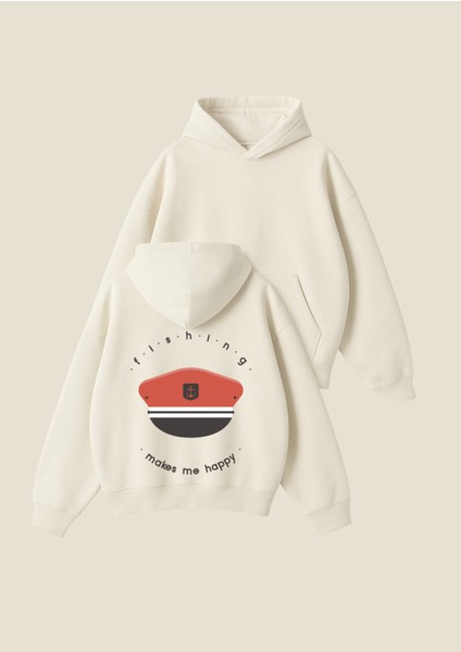 Balıkçı Şapkası Baskılı Unisex Boxy Fit Hoodie Sweatshirt