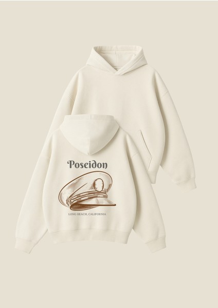Poseidon Şapkası Baskılı Unisex Boxy Fit Hoodie Sweatshirt