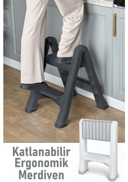 2 Basamaklı Merdiven Plastik Hafif Mutfak Tezgah Perde Merdiveni - Antrasit