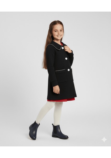 Örme Kumaş Siyah Kışlık Kız Çocuk Kaban