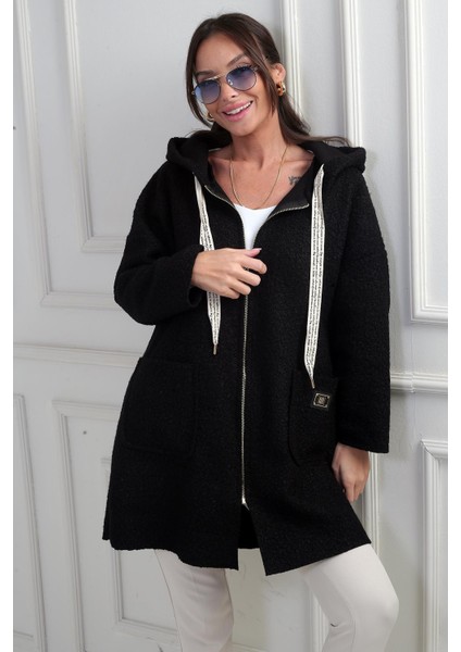 Kadın Kapüşonlu Önü Fermuarlı Cepli Rahat Kalıp Buklet Hırka