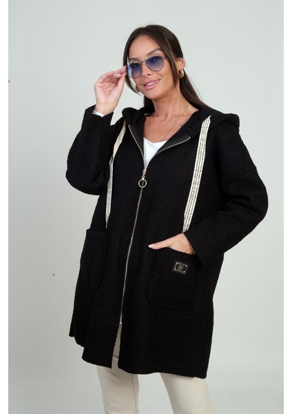 Kadın Kapüşonlu Önü Fermuarlı Cepli Rahat Kalıp Buklet Hırka modelleri