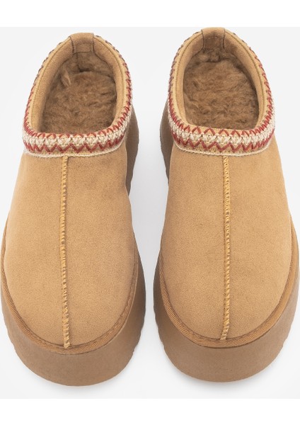 Kadın İçi Kürklü Kalın Taban Önü Kapalı Günlük Kışlık Terlik Furenta Taba Süet