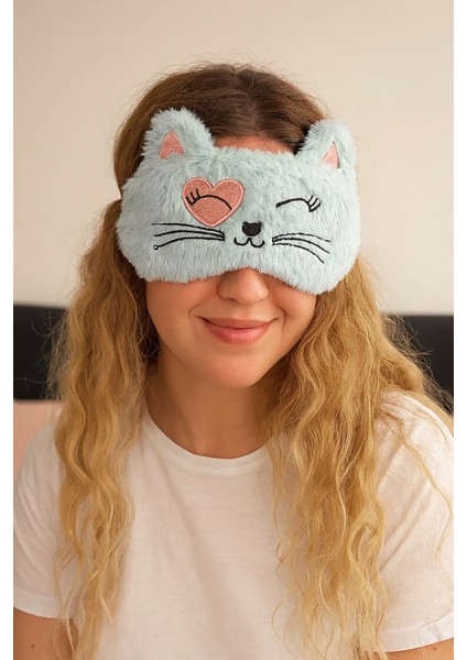 Sevimli Kedi Mavi Peluş Uyku Maskesi Uyku Bandı Göz Bandı