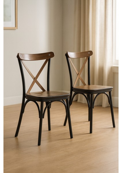 Ahşap Ekol Sandalye Siyah Iskelet Ahşap Oturak 2 Adet