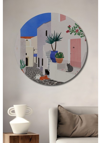 Dekoratif Ahşap Yuvarlak Tablo Akdeniz Sokaklarında Kediler