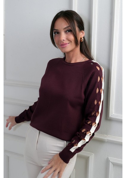 Kadın Kolu Şerit Dekolteli Triko Bluz