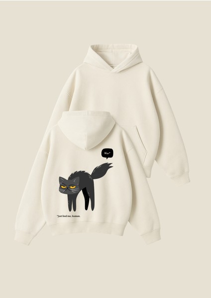 Aç Kedi Baskılı Unisex Boxy Fit Hoodie Sweatshirt