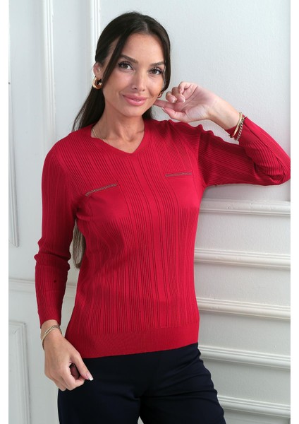 Kadın V Yaka Taş Baskı Detaylı Fitilli Triko Bluz