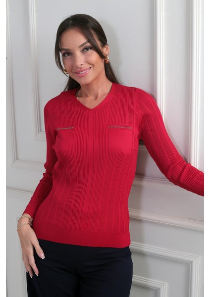 Kadın V Yaka Taş Baskı Detaylı Fitilli Triko Bluz fiyatları