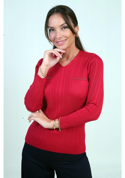 Kadın V Yaka Taş Baskı Detaylı Fitilli Triko Bluz modelleri