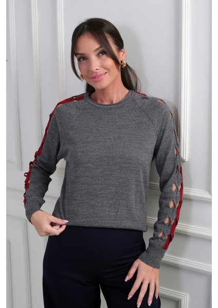 Kadın Kolu Şerit Dekolteli Triko Bluz