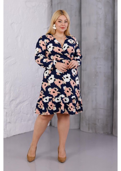 Kadın Lacivert Somon Çiçek Desen Kruvaze Yaka Esnek Bel Büyük Beden Elbise