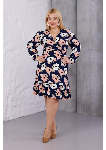 Kadın Lacivert Somon Çiçek Desen Kruvaze Yaka Esnek Bel Büyük Beden Elbise fiyatları