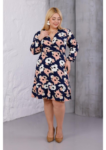 Kadın Lacivert Somon Çiçek Desen Kruvaze Yaka Esnek Bel Büyük Beden Elbise modelleri