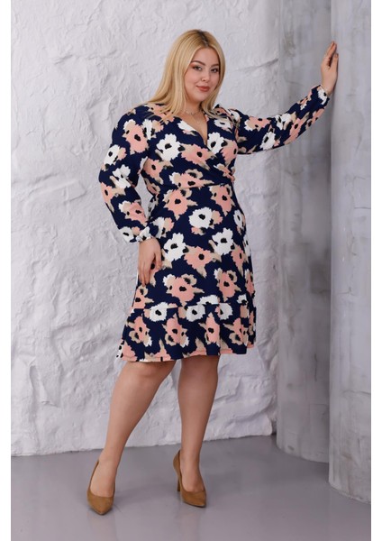 Kadın Lacivert Somon Çiçek Desen Kruvaze Yaka Esnek Bel Büyük Beden Elbise fırsatları