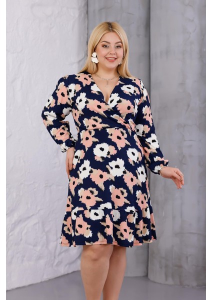 Kadın Lacivert Somon Çiçek Desen Kruvaze Yaka Esnek Bel Büyük Beden Elbise indirimleri