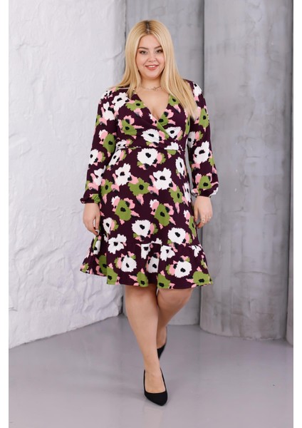 Kadın Mor Yeşil Çiçek Desen Kruvaze Yaka Esnek Bel Büyük Beden Elbise