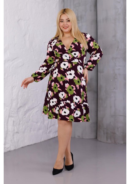 Kadın Mor Yeşil Çiçek Desen Kruvaze Yaka Esnek Bel Büyük Beden Elbise fiyatları