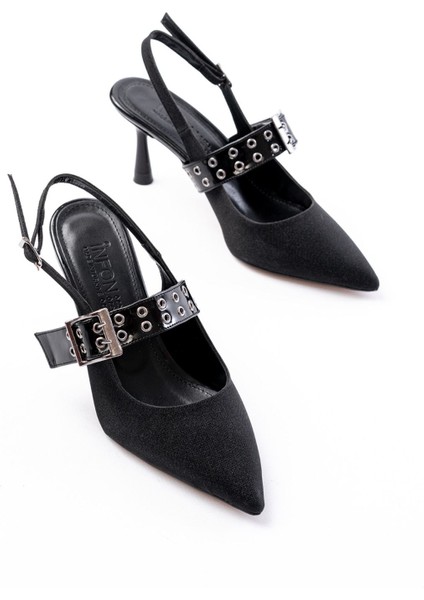 İNF-260 Siyah Simli Günlük Arkası Açık Baret Tokalı Topuklu Bayan Ayakkabı indirimleri