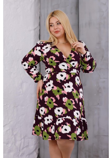 Kadın Mor Yeşil Çiçek Desen Kruvaze Yaka Esnek Bel Büyük Beden Elbise indirimleri