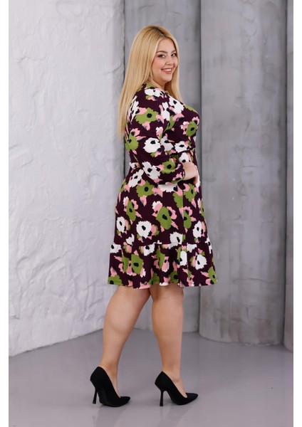 Kadın Mor Yeşil Çiçek Desen Kruvaze Yaka Esnek Bel Büyük Beden Elbise