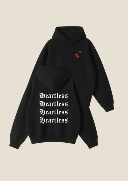 Kiraz Baskılı Siyah Unisex Boxy Fit Hoodie Sweatshirt