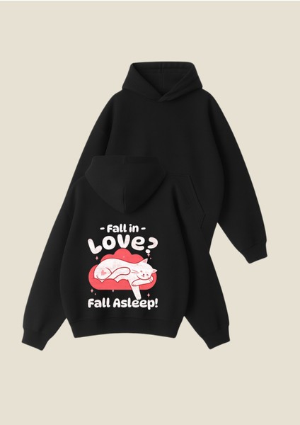 Uykucu Kedicik Baskılı Siyah Unisex Boxy Fit Hoodie Sweatshirt