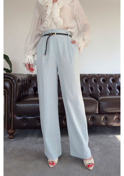 Örgü Kemerli Keten Premium Pantolon- Bebe Mavisi